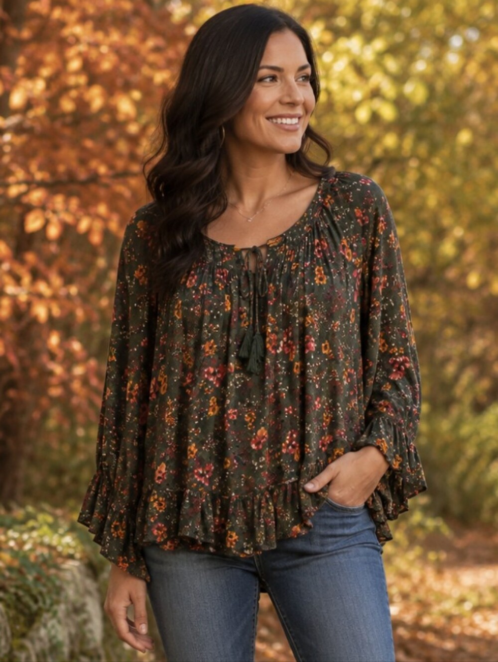 Green Floral Ruffled Boho Cottagecore Blouse with 3/4 Sleeves